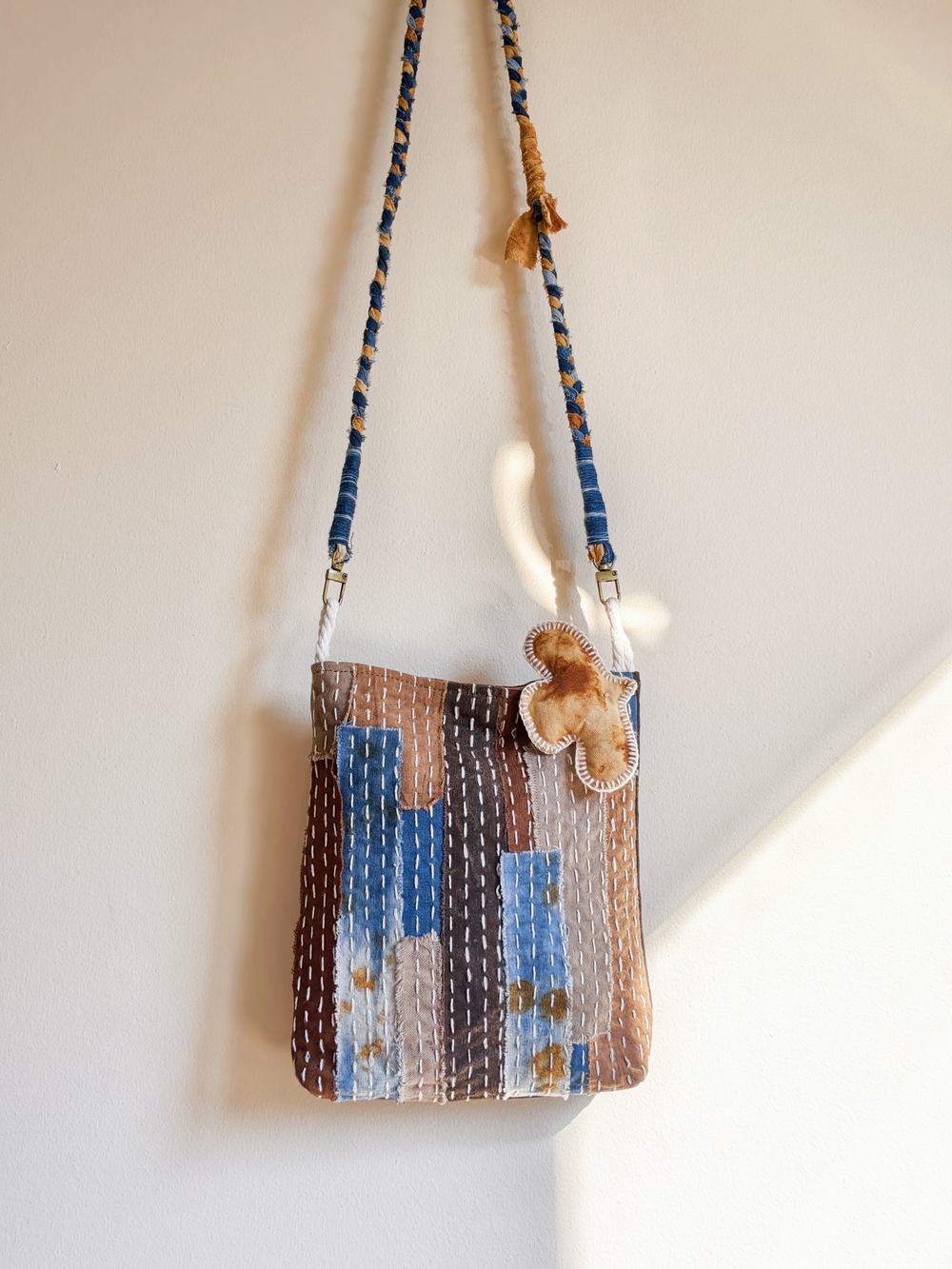 Handstitched Boho Patchwork Crossbody Bag - Blue & Brown